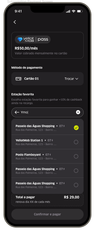 Tela de escolha da estação favorita no app YellotMob