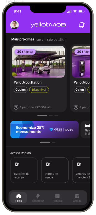 Tela inicial do app YellotMob com o banner do YellotMob Pass
